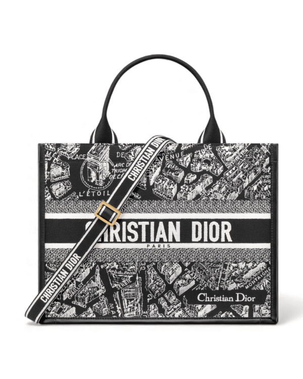 IMG_2848.png Dior bolso book tote bordado parís en blanco y negro mediano, correa con texto