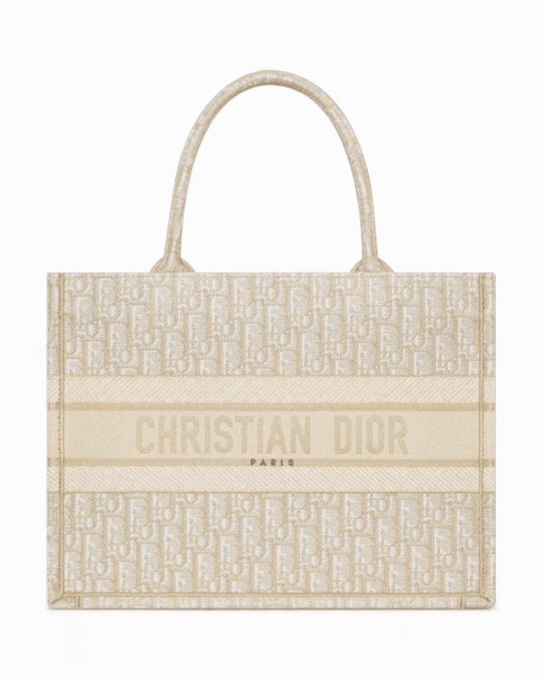 Dior bolso book tote dior oblique blanco y dorado mediano, patrón diagonal
