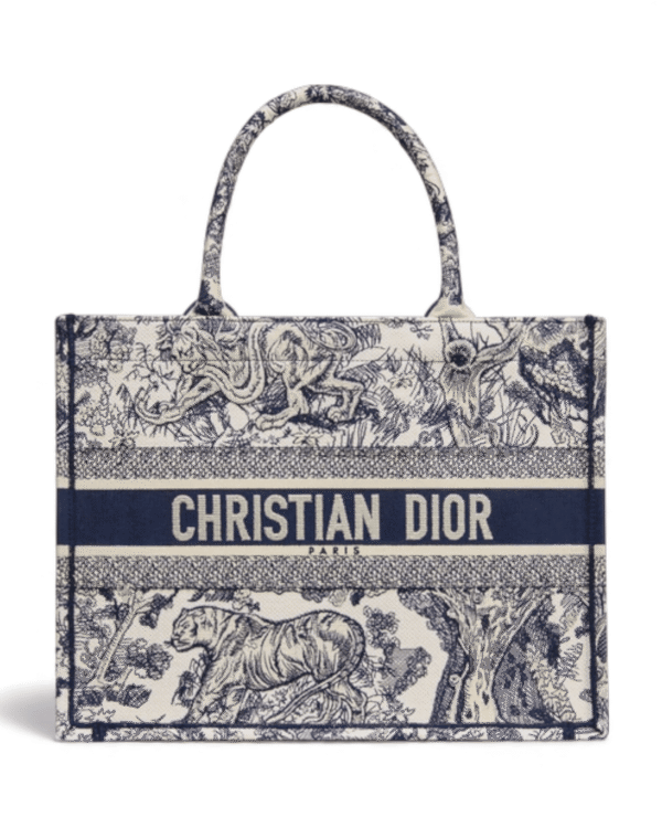 Dior bolso book tote toile de jouy azul y beige mediano, estampado ilustrado