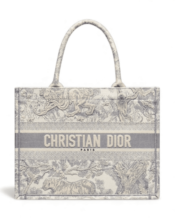 Dior bolso book tote toile de jouy crudo y gris mediano, estampado ilustrado