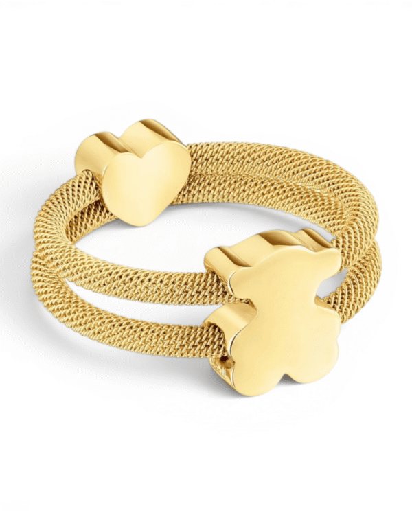 Tous anillo doble icon mesh dorado, dos bandas de malla con corazon y osito
