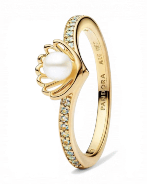 Pandora Anillo Concha Ariel, perla en montura dorada con circonitas