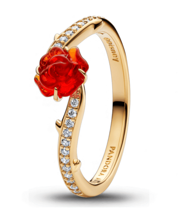 Anillo Pandora dorado con rosa encantada roja
