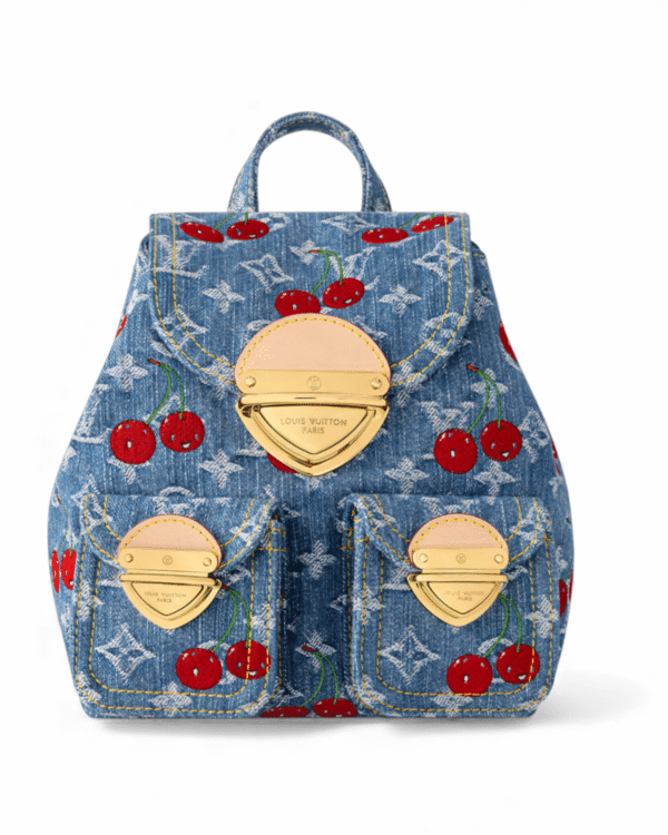 Louis vuitton mochila x tm venice nm denim cerezas, textura denim con cerezas