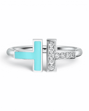 Tiffany anillo t wire plateado celeste, diseño con pave y esmalte turquesa