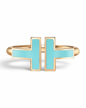 Tiffany anillo t wire dorado celeste, doble T en esmalte turquesa sobre dorado