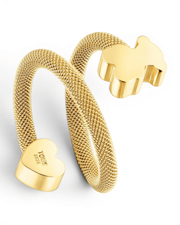 Tous anillo espiral icon mesh dorado, malla enrollada con corazon y osito en los extremos
