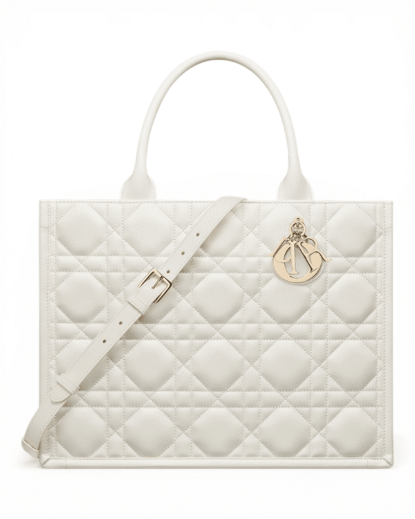 IMG_7425.png Dior bolso book tote blanco, acolchado en relieve con dije colgante