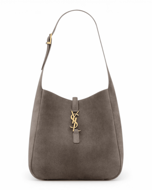 Yves saint-laurent bolso le 5 á 7 gris gamuza, hobo con broche ysl dorado