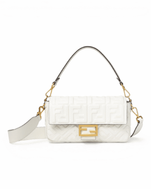 Fendi bolso icónico baguette blanco, patrón ff grabado con broche dorado
