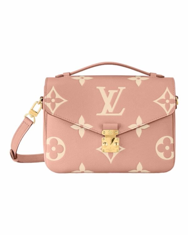 Louis vuitton bolso pochette métis rosado, solapa con relieve monogram y broche dorado