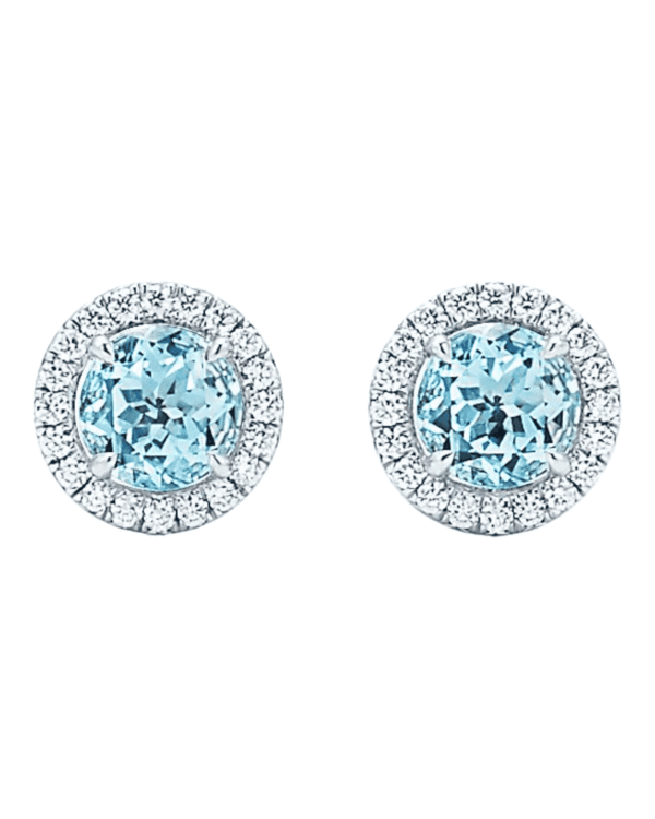 Tiffany aros soleste plateados, piedra celeste con halo de circonitas