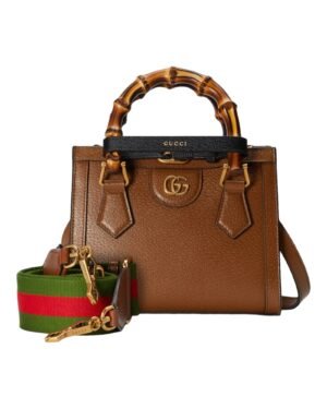Gucci bolso tote diana cafe, asas curvas con acabado claro y correa a rayas