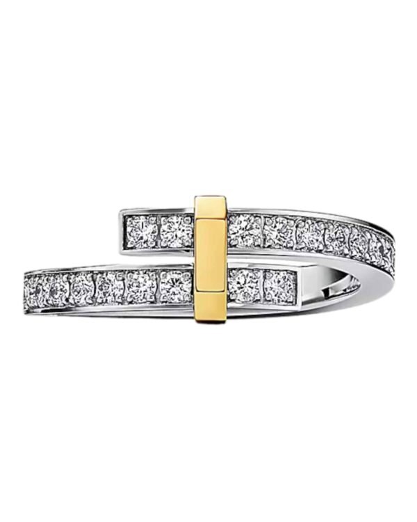 Tiffany anillo bypass plateado y dorado, dos lineas de circonitas cruzadas