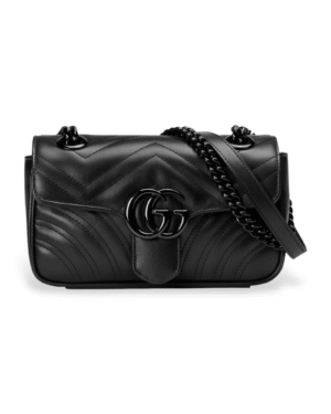 Gucci bolso marmont negro, solapa acolchada en punta con doble argolla metalica