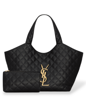 Yves saint-laurent bolso tote icare negro, cuerpo acolchado en rombos con logo dorado