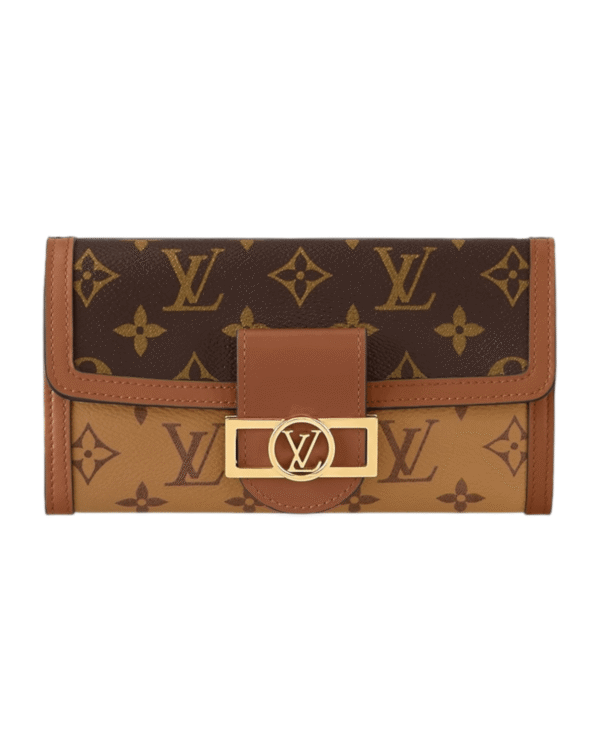 Louis vuitton cartera sarah xl, solapa en tono contrastante con broche giratorio dorado
