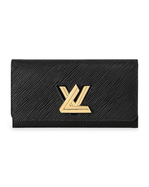 Louis Vuitton billetera twist negra, superficie acanalada con broche dorado