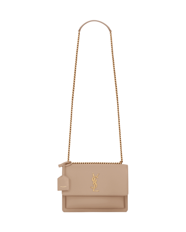 Yves saint-laurent bolso sunset medium beige, solapa estructurada con logo dorado