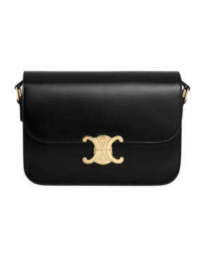 Celine bolso triomphe clasico negro, solapa lisa con broche dorado en forma de arco