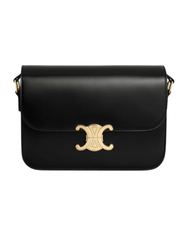 Celine bolso triomphe clasico negro, solapa lisa con broche dorado en forma de arco