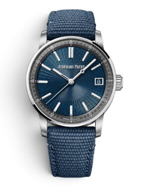 F0550074-7A40-4CBA-A1FF-791B5F5BC304-Photoroom Audemars Piguet Code 11.59 Azul: esfera azul con líneas concéntricas, fecha y correa azul tejida