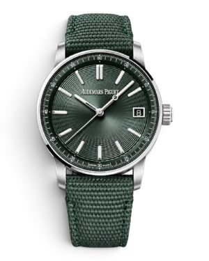 70348225-712B-40DE-A1DB-480A4AE6C8ED-Photoroom Audemars Piguet Code 11.59 Verde: esfera verde con líneas concéntricas y correa verde tejida