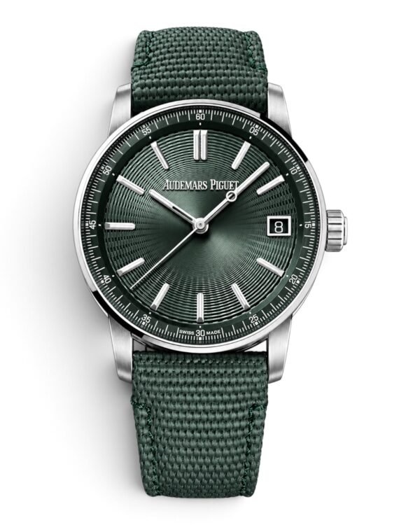 70348225-712B-40DE-A1DB-480A4AE6C8ED-Photoroom Audemars Piguet Code 11.59 Verde: esfera verde con líneas concéntricas y correa verde tejida