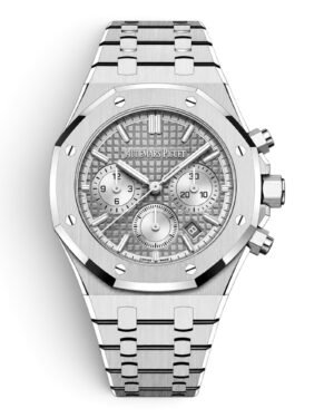 3BB2ED80-FA78-415A-A9D8-E373F15101BC-Photoroom Audemars Piguet Royal Oak Cronógrafo Gris: esfera gris con cuadrículas y tres subesferas plateadas, bisel octogonal y pulsera integrada