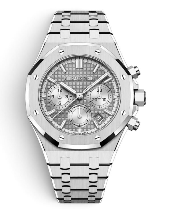 Audemars Piguet Royal Oak Cronógrafo Gris: esfera gris con cuadrículas y tres subesferas plateadas, bisel octogonal y pulsera integrada