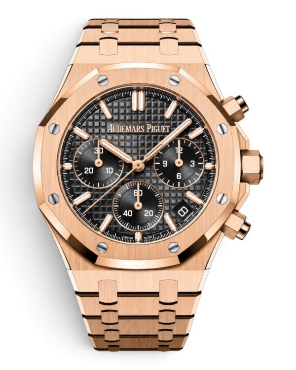 Audemars Piguet Royal Oak Cronógrafo Rosegold: esfera negra con cuadrículas y tres subesferas, bisel octogonal y pulsera en tono rosegold
