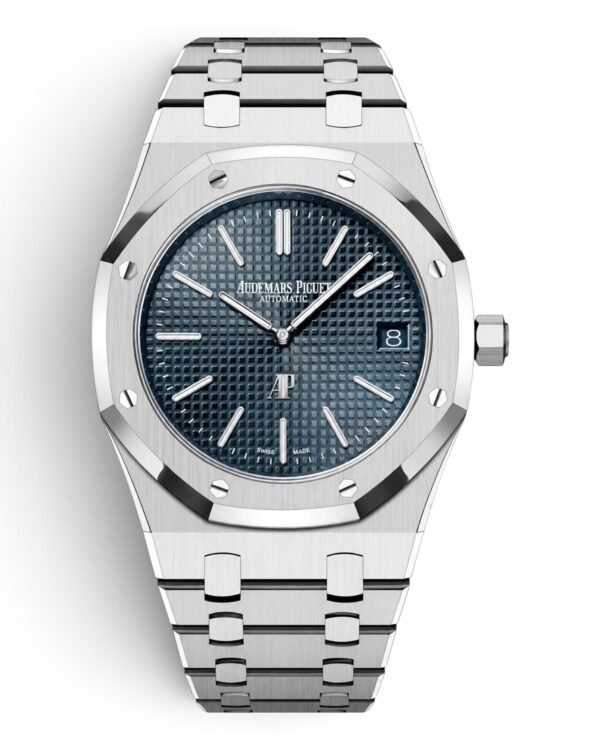 D36CCD39-6A04-4A07-B952-8D4E04D54B47-Photoroom Audemars Piguet Royal Oak Jumbo Extra-Thin: esfera azul oscuro con cuadrículas, bisel octogonal y pulsera integrada plateada