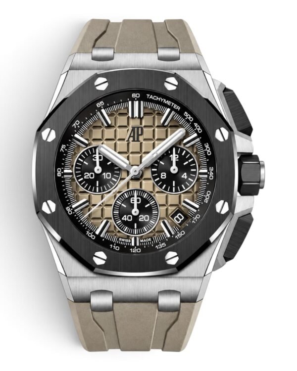 A2F70D99-4DAB-420B-AAD7-0E2DEC7389EF-Photoroom Audemars Piguet Royal Oak Offshore Cronógrafo Marrón: esfera marrón claro con cuadrículas, bisel negro y correa beige