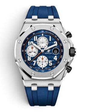 86ADF554-9426-403D-B9C8-9F696F20B995-Photoroom Audemars Piguet Royal Oak Offshore Cronógrafo Navy: esfera azul navy con cuadrículas, números grandes y tres subesferas blancas, correa azul
