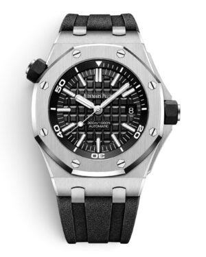 Audemars Piguet Royal Oak Offshore Diver Negro: esfera negra con cuadrículas, bisel numerado y correa negra flexible