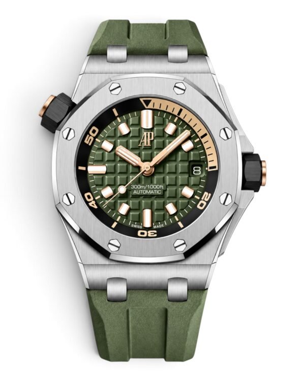 2FC54BAA-6C2C-47C1-BDF9-1540F087F176-Photoroom Audemars Piguet Royal Oak Offshore Diver Verde: esfera verde con cuadrículas, bisel con segmento dorado y correa verde