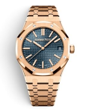 Audemars Piguet Royal Oak Rosegold Azul: esfera azul con cuadrículas, bisel octogonal y pulsera integrada en tono rosegold