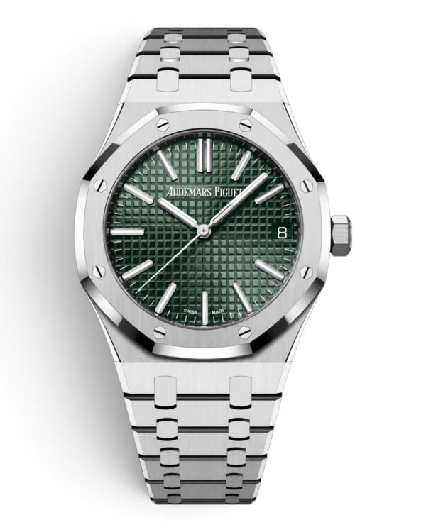 C4ECB1CB-1BEE-46B9-B6B1-6054EC7D03B9-Photoroom Audemars Piguet Royal Oak Selfwinding Verde: esfera verde con cuadrículas, bisel octogonal y pulsera integrada plateada