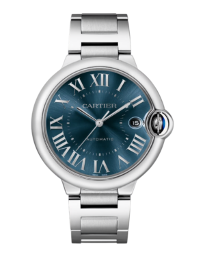 29 Cartier Ballon Bleu Azul: esfera azul con números romanos y fecha a las 3, corona protegida con cabujón azul y pulsera plateada