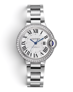39 Cartier Ballon Bleu Brillos: esfera plateada con números romanos, bisel con piedras brillantes y pulsera plateada