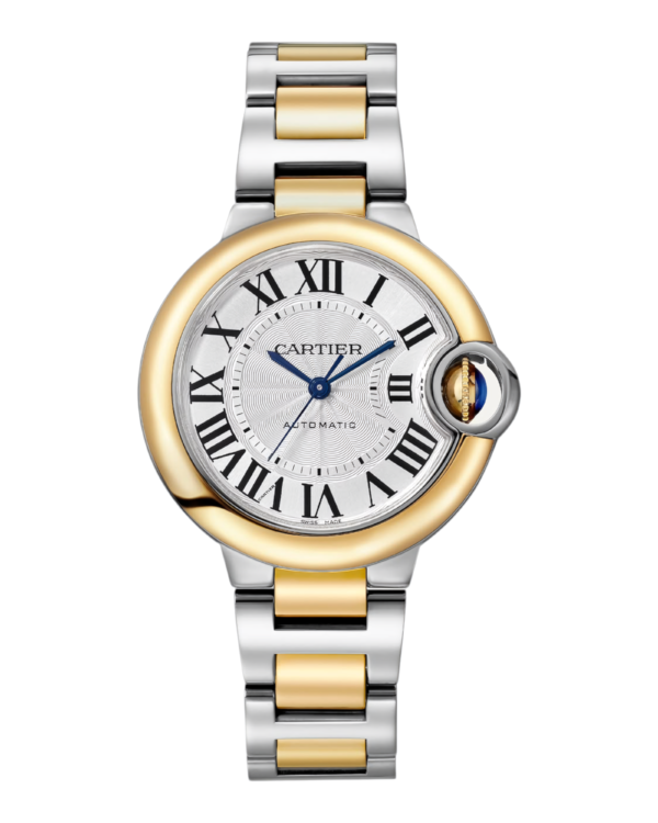 Cartier Ballon Bleu Dorado: esfera plateada con números romanos, bisel dorado y pulsera bicolor plateada y dorada