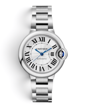 38 Cartier Ballon Bleu Plateado: esfera plateada con números romanos, corona protegida con cabujón azul y pulsera plateada