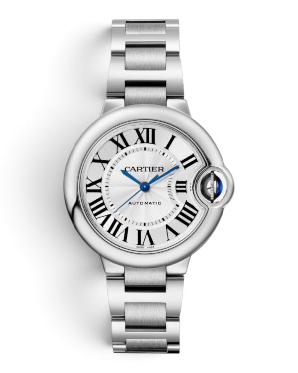 38 Cartier Ballon Bleu Plateado: esfera plateada con números romanos, corona protegida con cabujón azul y pulsera plateada