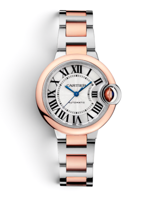 Cartier Ballon Bleu Rosegold: esfera plateada con números romanos, bisel rosegold y pulsera bicolor plateada y rosegold