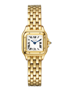 27 Cartier Panthère Dorado: esfera blanca con números romanos, caja cuadrada dorada y pulsera de eslabones cuadrados en tono dorado