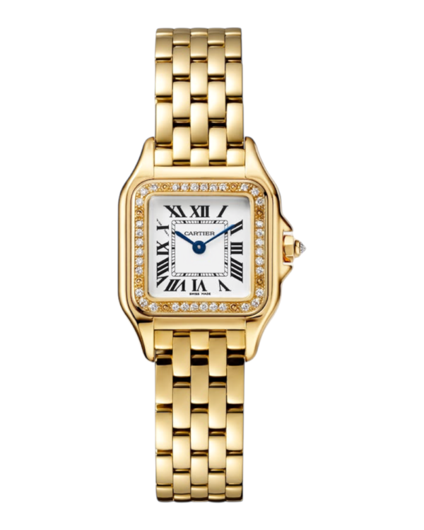 Cartier Panthère Dorado Brillos: esfera blanca con números romanos, bisel dorado con piedras brillantes y pulsera dorada de eslabones cuadrados