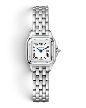 23 Cartier Panthère Plateado: caja cuadrada con esfera blanca de números romanos, tornillos en las esquinas y pulsera plateada de eslabones cuadrados