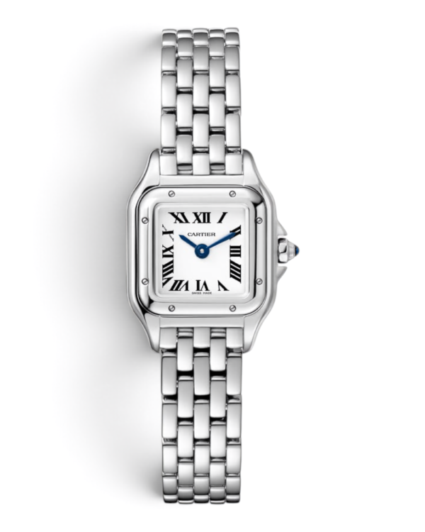 23 Cartier Panthère Plateado: caja cuadrada con esfera blanca de números romanos, tornillos en las esquinas y pulsera plateada de eslabones cuadrados