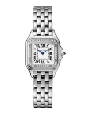 22 Cartier Panthère Plateado Brillos: esfera blanca con números romanos, bisel con piedras brillantes y pulsera plateada