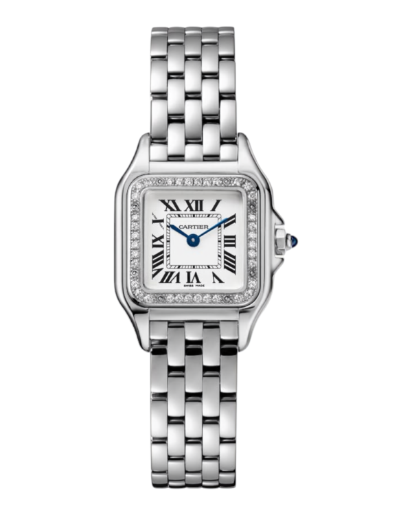 22 Cartier Panthère Plateado Brillos: esfera blanca con números romanos, bisel con piedras brillantes y pulsera plateada